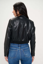 Black Zip Up Cropped Bomber Faux Leather Jacket, Jackets, $ 69.00, A Moment Of Now™